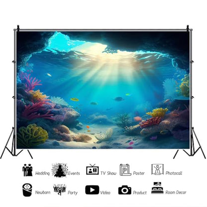6x4ft Under The Sea Backdrop Summer Blue Ocean Fish Coral Photography Background Underwater Cave Sunlight Deep Sea Scenery Backdrops Fish Tank Background Aquarium Wallpaper Photo Booth Props