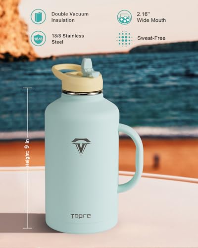 Topre Half Gallon Water Bottle with Handle and Carry Pouch,64 oz Stainless Steel Insulated Jug Flask with Straw Lid Spout Lid,Reusable Metal Water Bottle Mug Tumbler Cup,Keep Cold & Hot,Green - color: Green with Handle, size: 64 Ounces