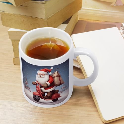 11oz White Ceramic Coffee Mug Funny Santa Claus on Scooter Tea Cup Microwave & Dishwasher Safe, Lead-Free for Home Office Daily Use & Gifting - color: santa claus on scooter
