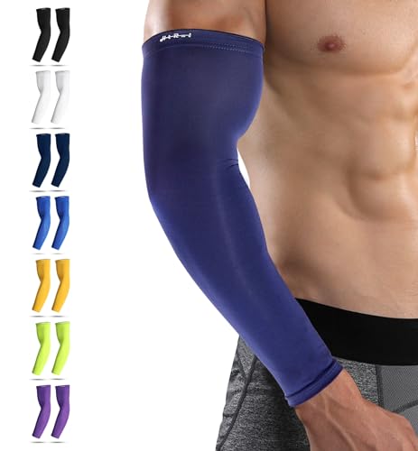Arm Compression Sleeves for Men Women Youth, UV Protection 20-30mmHG Support Tattoo Cover, Breathable Moisture-Wicking - color: Navy Blue, size: Large (1 Pair)