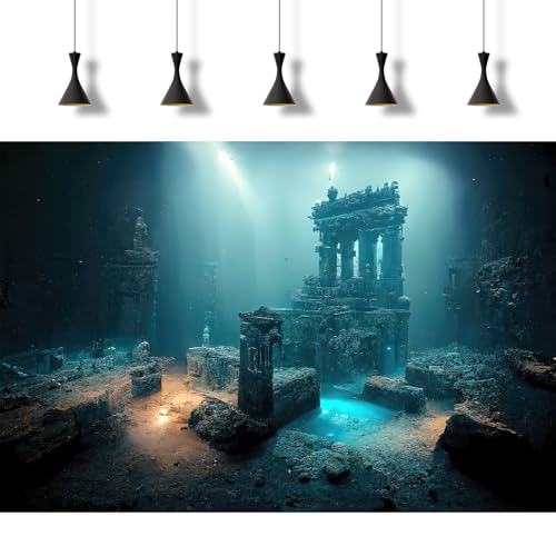 Fantasy Lost Underwater City Aquarium Background Misty Ancient Temple Stone Columns Fish Tank Background Under Water Magical Foggy Ruined Atlantis Buildings Reptile Tank Enclosure Backgrounds 36x18in