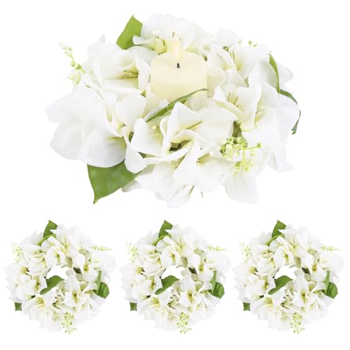 IPOPU White Candle Rings for Pillars,4PCS Bougainvillea Candle Wreath Rings Artificial Floral Candle Rings for Tapers Wedding Tables Centerpieces Valentine's Day Wall Farmhouse Home Decor (White) - color: White