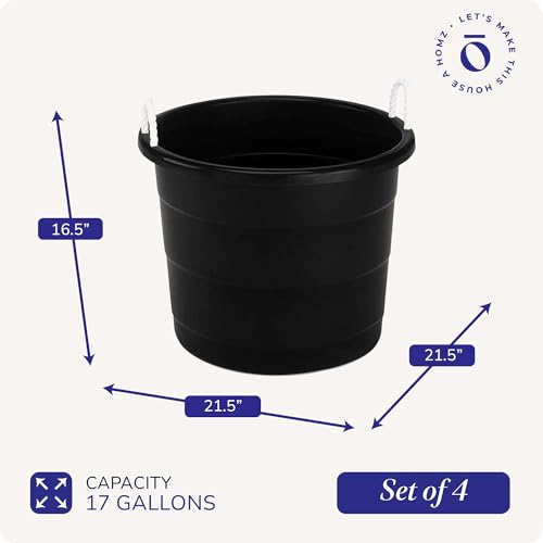 HOMZ 4-Pack Utility Tub, Large Plastic Storage Bucket with Rope Handles, 17 Gallon, Black - Portable Indoor and Outdoor Buckets for Kitchen, Laundry, Garden, Bathroom, and Garage Organization