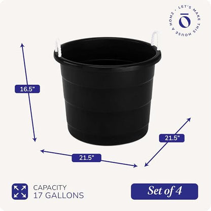 HOMZ 4-Pack Utility Tub, Large Plastic Storage Bucket with Rope Handles, 17 Gallon, Black - Portable Indoor and Outdoor Buckets for Kitchen, Laundry, Garden, Bathroom, and Garage Organization