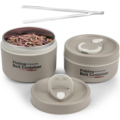 THKFISH Fishing Bait Container, Stainless Steel Insulated Live Bait Storage, Worm Bait Holder, Bait Storage Box, Nightcrawler Box, Bait Bucket to Keeps Bait Fresh and Alive - color: 2PCS-0.6L+0.4L-Khaki