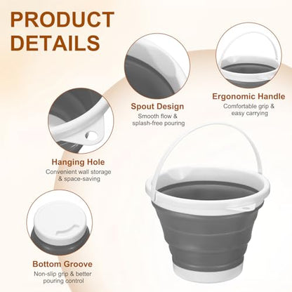 uxcell 2 Pcs Collapsible Bucket, 1.3 Gallon (5L) Small Foldable Bucket, Portable Water Pail Round Tub Cleaning Tools with Handle for RV Camping Household Garden Fishing Car Wash, Gray
