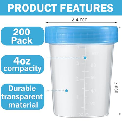 200 Pcs Disposable Specimen Cup Urine Pee Cups for Testing 4oz Specimen Container with Leak Proof Screw on Lids for Safe Urinalysis Pee Stool Sample Collection Analysis (Blue) - color: Blue