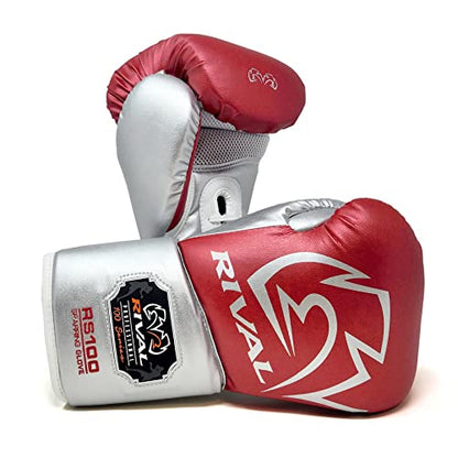 RIVAL Boxing RS100 Professional Lace-Up Sparring Gloves, Handcrafted with Super-Rich Microfiber PU, Ergonomically Designed to Perfectly Fit Your Hand - color: Red/Silver, size: 14 oz.