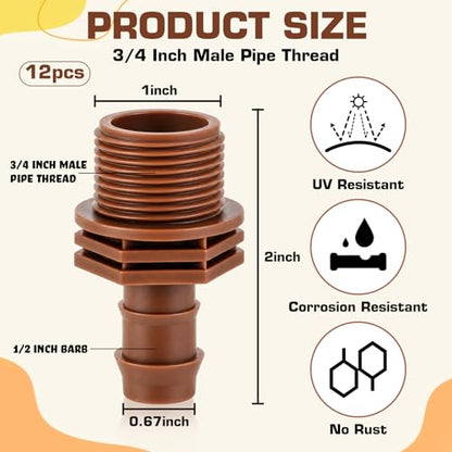 12 Pcs 3/4" Thread to 1/2" Coupling PVC to Drip Irrigation Adapter Fittings, 3/4" Male Pipe Thread(MPT) x 1/2" Barbed Drip Line Coupling Connectors - size: 3/4" Thread to 1/2" Coupling