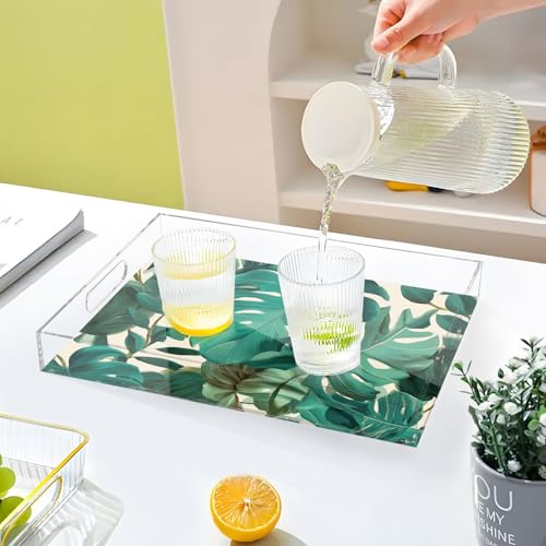 Acrylic Tray Clear Serving Vanity Ottoman Bathroom Coffee Table Countertop Organizer Raised Edge Spill Proof Green Retro Palm Leaves - color: Green Retro Palm Leaves
