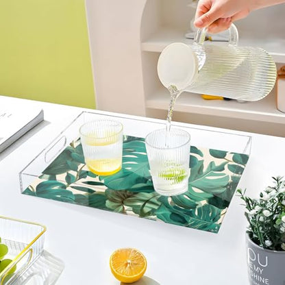 Acrylic Tray Clear Serving Vanity Ottoman Bathroom Coffee Table Countertop Organizer Raised Edge Spill Proof Green Retro Palm Leaves - color: Green Retro Palm Leaves