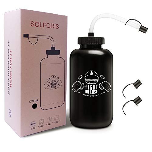 Hockey Water Bottles with Long Straw, Fit for Football Lacrosse Gym Sport, Plastic Squeezable Leakproof BPA Free, No Strange Smell, Easy to Clean, 1 Liter 32 oz (3 Straw Caps) (black) - color: black