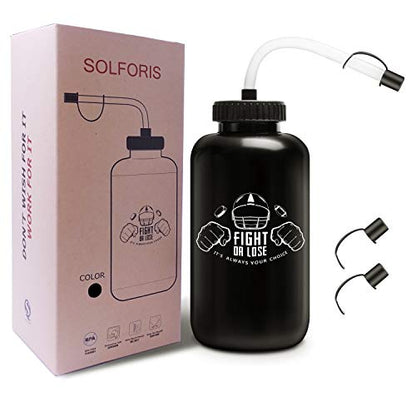 Hockey Water Bottles with Long Straw, Fit for Football Lacrosse Gym Sport, Plastic Squeezable Leakproof BPA Free, No Strange Smell, Easy to Clean, 1 Liter 32 oz (3 Straw Caps) (black) - color: black