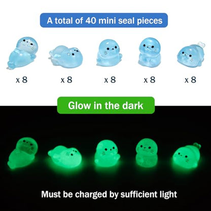 40Pcs Glow in Dark Mini Resin Seal Figurines - 5 Styles Luminous Sea Animals for Terrarium Decor, Fairy Garden, Aquarium, Small Resin Animals with Storage Box