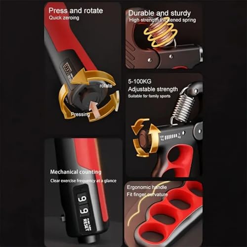 Auto-Count Grip Strengthener, 5-100KG Adjustable Resistance, Red Forearm Trainer for Strength Building with Display