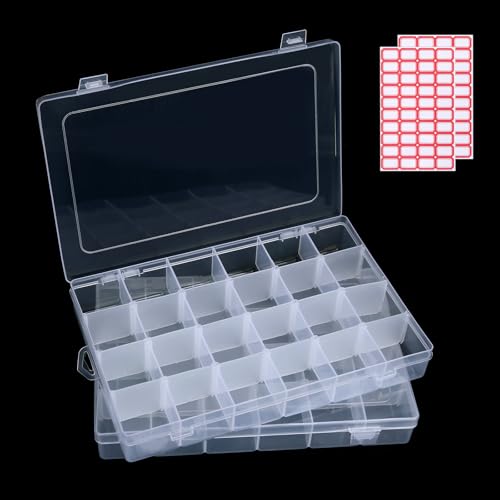 Megoogo 2pack 24 Grid Clear Plastic Bead Organizer Box with Adjustable Dividers, Bead Organizers and Storage Container Box with 2 Label Sticker for Craft Buttons Fishing Tackles Tools Hair Accessories