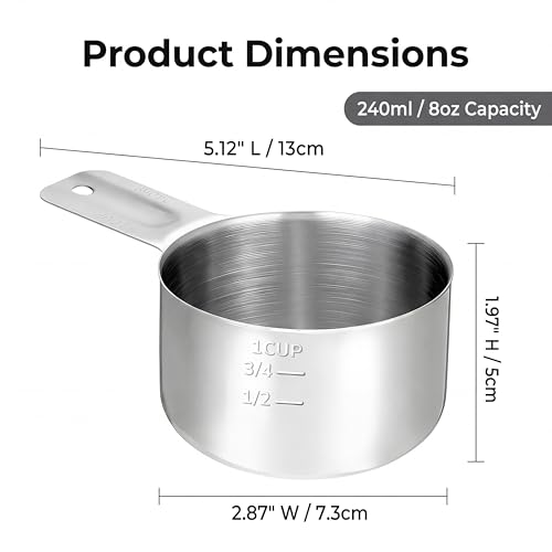 Measuring Cups, 1 Cup Stainless Steel Cup 4 Packs 304 stainless with non-slip handle, works for wet & dry ingredients, 240ml/8oz kitchen baking tool.