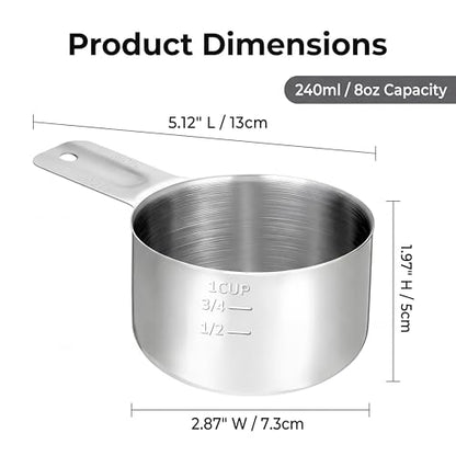 Measuring Cups, 1 Cup Stainless Steel Cup 4 Packs 304 stainless with non-slip handle, works for wet & dry ingredients, 240ml/8oz kitchen baking tool.