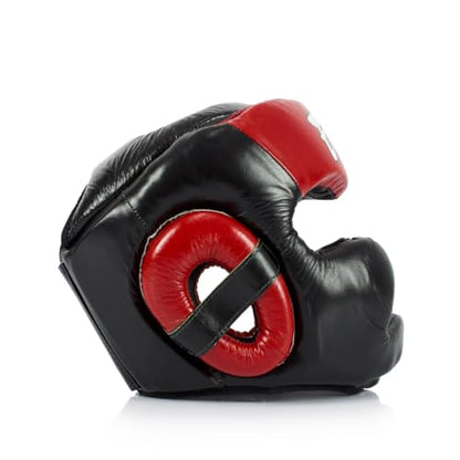 Fairtex Full Head Guard, Muay Thai MMA Sparring Helmet Protective Headgear | Handcrafted 3-layer padding shell. Lightweight sleek construction shields against elbows during high-intensity ring session - color: HG13 Full Head-Black/Red, size: Medium