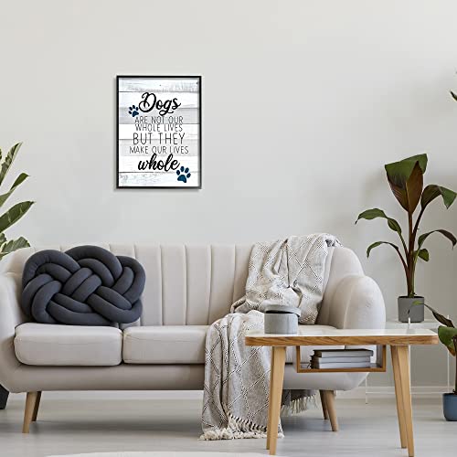 Stupell Industries Dogs Make Our Lives Whole Paw Icon Striped Backdrop, Design by Kim Allen - size: 16"L x 20"W, style: Black Framed