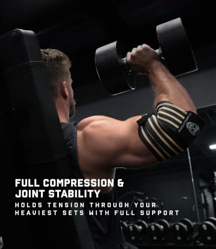 Gymreapers Weightlifting Elbow Wraps (1 Pair) - Flexible 40'' Elbow Compression Strap & Joint Support Brace - for Bench Press, Powerlifting, and Pressing - color: Tan