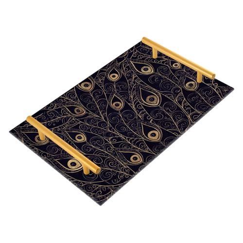 Bathroom Vanity Tray Counter Organizer, Peacock Feather Gold Decorative Tray with Handles Countertop Storage for Bathroom Bedroom Kitchen Home Farmhouse - color: Peacock Feather Gold