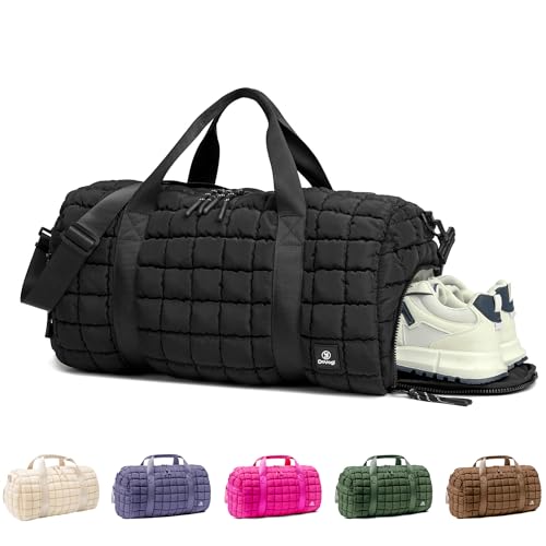 Quilted Gym Bag for Women,Duffle Bag for Travel with Wet Pocket,Carry on Weekender Bags for Women,Travel Bag with Shoe Compartment(Black) - color: Black