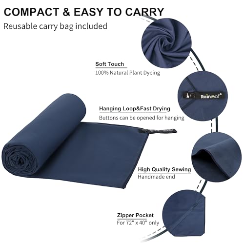 Rainleaf Microfiber Towel Quick Dry Camping & Travel & Gym Towel. Compact - color: Navy Blue, size: 60.00" x 30.00"