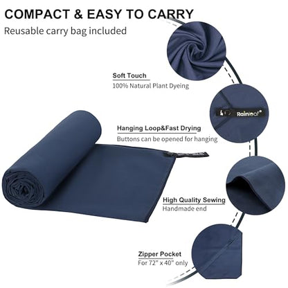 Rainleaf Microfiber Towel Quick Dry Camping & Travel & Gym Towel. Compact - color: Navy Blue, size: 60.00" x 30.00"