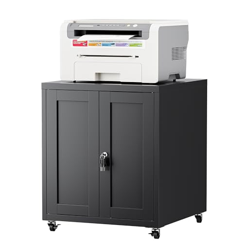 Large Printer Stand with Storage and Lock, 3D Heavy-Duty Printer Cabinet, Printer Table for Home Office with Doors and Adjustable Shelves, for Office Copier and Fax Machine, Black - color: Black, size: 28.0"H
