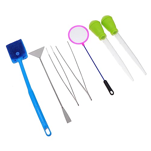 BESPORTBLE 7pcs Fish Tank Cleaning Tools Set Small Pool Net Skimmer Magnet Cleaner for Aquarium Aquascaping Spatula Brush Tweezers Kit Random Color