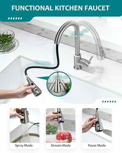 Kitchen Faucet Seats with Pull Down Sprayer, Brushed Nickel 14.4-inch Height, 360 Rotation Spout, Stainless Steel Sink Faucet Single Hole Kitchen Faucet for 1-3 Hole Sinks RV Farmhouse Camper