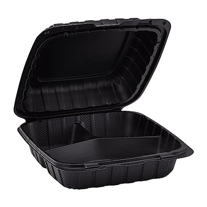 KARAT EARTH Clamshell Take Out Food Containers [8"x8" - 200 ct] To Go Containers | 3 Compartment, Soak-Resistant, Durable, Stackable | Vented for Hot/Cold Foods, Black