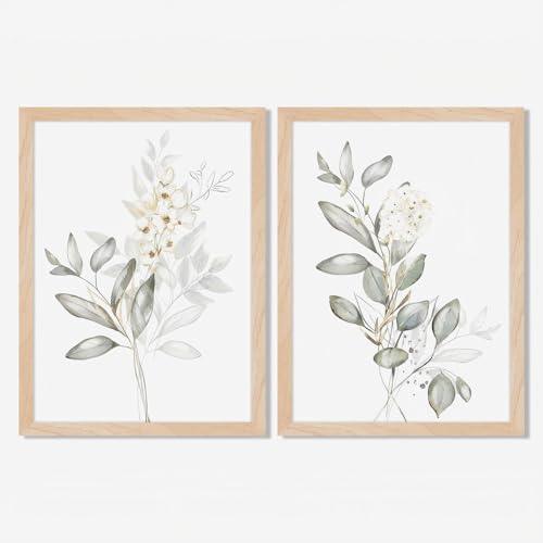 Framed Nature Botanical Wall Art Set of 2, White Floral with Green Eucalyptus Leaves Canvas Prints, Modern Minimalist Flower Painting Picture For Kitchen, Bedroom, Dining Room,Bathroom Decor, 8x10IN - color: White Floral Framed, size: 10"L x 8"W