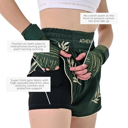 Women's Green & Gold Muay Thai MMA Shorts Athena with Built-in Safety Compression Tights. Muay Thai Kickboxing Training - size: Medium