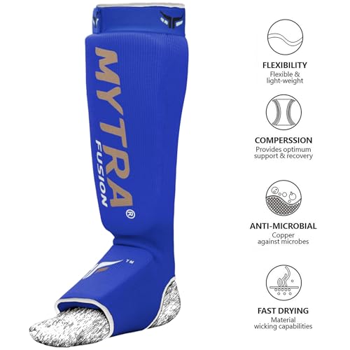 Mytra Fusion Shin Pads Instep Protector Kick Boxing Muay Thai Training Elasticated shin Guards - color: Blue, size: Small-Medium