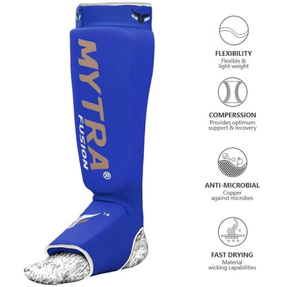 Mytra Fusion Shin Pads Instep Protector Kick Boxing Muay Thai Training Elasticated shin Guards - color: Blue, size: Small-Medium