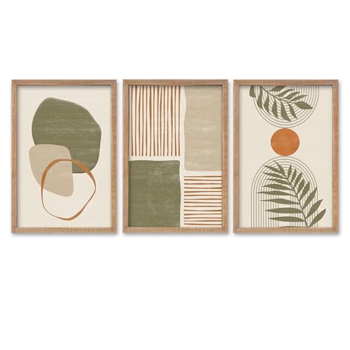 SRSZHIYUE Large Green Abstract Boho Plant Wall Art Neutral Bohemian Set of 3 Wood Framed 16x11 Inch for Living Room Bedroom Wall Decor Hanging (Wood)
