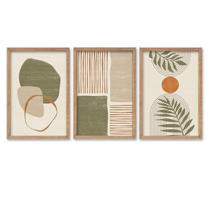 SRSZHIYUE Large Green Abstract Boho Plant Wall Art Neutral Bohemian Set of 3 Wood Framed 16x11 Inch for Living Room Bedroom Wall Decor Hanging (Wood)