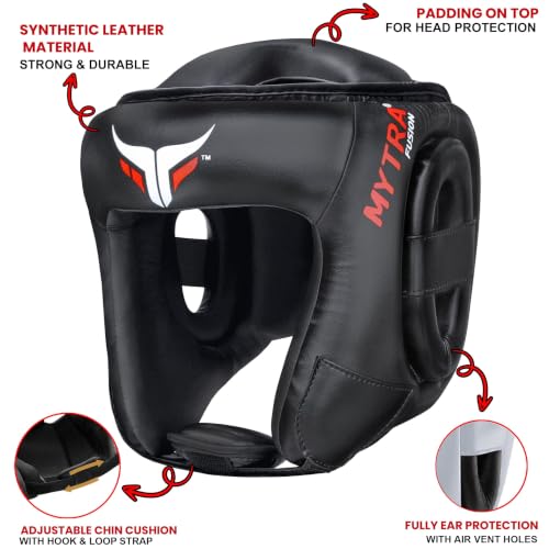 Mytra Fusion Boxing Headgear MMA Headgear Martial Arts Sparring Gear Headgear for Kickboxing, Muay Thai and Karate Training (Black, S/M)