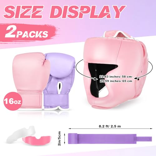 Kanayu 14 Pcs Boxing Gloves and Headgear Set for Beginners Youth 16 Ounce Boxing Gloves Headgear Helmet Hand Wraps Mouth Guards Equipment for Beginners Training Equipment Gifts - color: Purple, Pink
