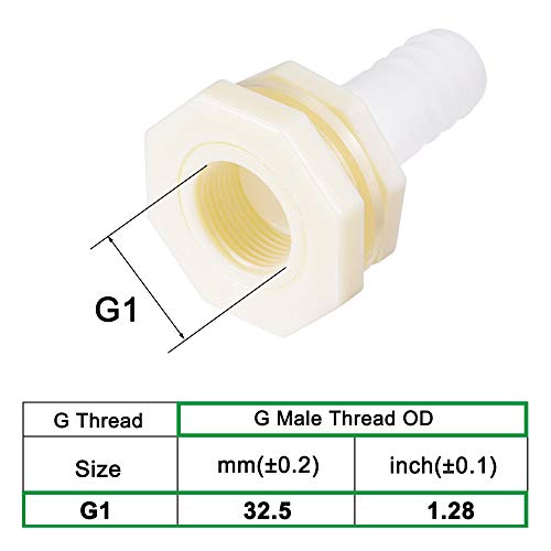 uxcell Bulkhead Fitting Adapter 25mm Barbed x G1 Female ABS White for Aquariums, Water Tanks, Tubs, Pools 4Pcs - size: G1