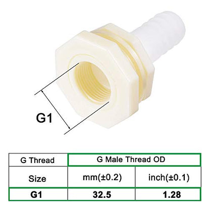 uxcell Bulkhead Fitting Adapter 25mm Barbed x G1 Female ABS White for Aquariums, Water Tanks, Tubs, Pools 4Pcs - size: G1
