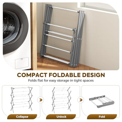 KINGBOARD 3-Tier Extendable Clothes Drying Rack, Foldable, White & Grey | 37.4"H x 33.8"W x 11.2"D, Space-Saving Collapsible, Easy Assembly, Rust-Resistant Iron Frame, Indoor Outdoor Use, 25lb - color: White&grey
