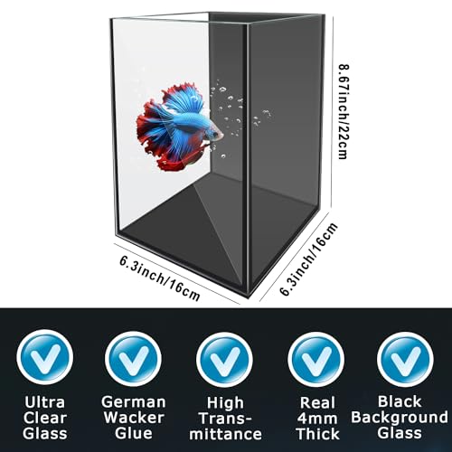 Glass Aquarium Starter Kits 1.5 Gallon Small Fish Tank, Betta Fish Tank for Home Office Deco, with LED Light, Power Filter, 4mm Glass, Black