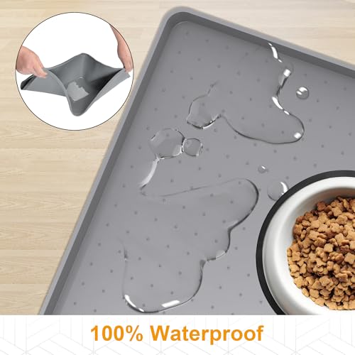Pet Food Mat Waterproof Dog Mat 24”x16” Large – 0.5” inch Raised Edge,Pet Silicone Feeding Placemat Water Bowl Tray for Floors, Nonslip Washable Dog Mat for Food and Water