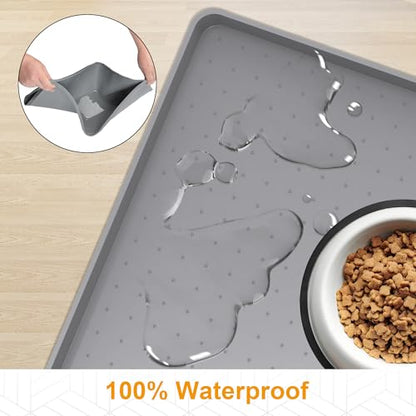 Pet Food Mat Waterproof Dog Mat 24”x16” Large – 0.5” inch Raised Edge,Pet Silicone Feeding Placemat Water Bowl Tray for Floors, Nonslip Washable Dog Mat for Food and Water