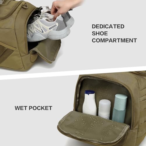 3-in-1 Tactical Gym & Travel Duffle Bag Backpack Men Multi-Functional 45L Military Sports Duffle Bag with Shoe Compartment & Wet Pocket for Workout Weekender Overnight Bag with Molle Webbing, Brown - color: Brown