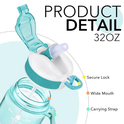 Hyeta Plastic Water Bottle With Straw & Time Marker, 32oz Leakproof Jug - color: Clear Lake Blue