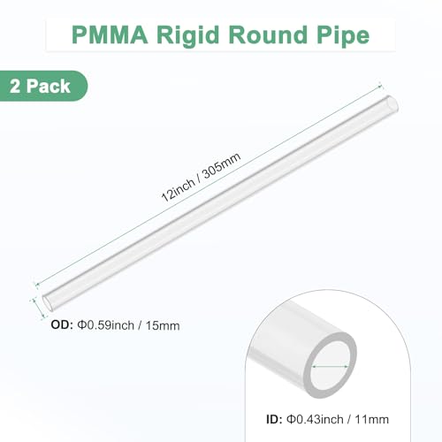 M METERXITY 2-Pack Clear Rigid Acrylic Pipe, 11mm[0.43"] ID x 15mm[0.59"] OD Plastic Round Tube for Water Cooling System/Lamps/Fountains/Aquariums/Display Stand, Acrylic Tubing [305mm/12IN] - size: 11mm ID x 15mm OD